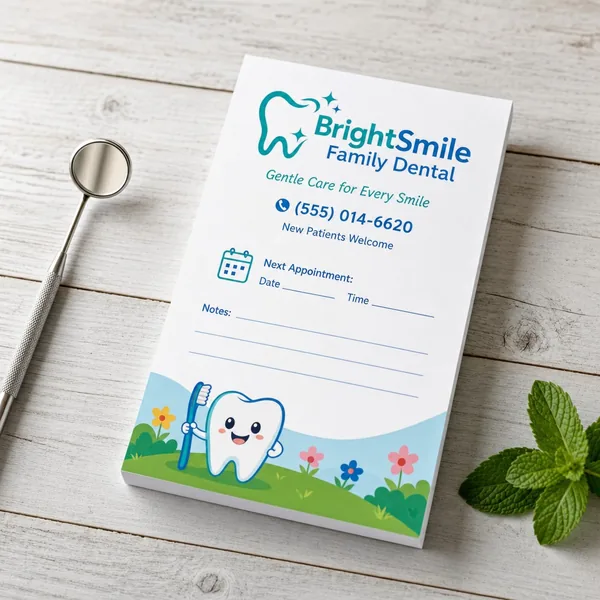 Custom BrightSmile Family Dental appointment notepad with a cartoon tooth, beside a dental mirror and fresh mint.
