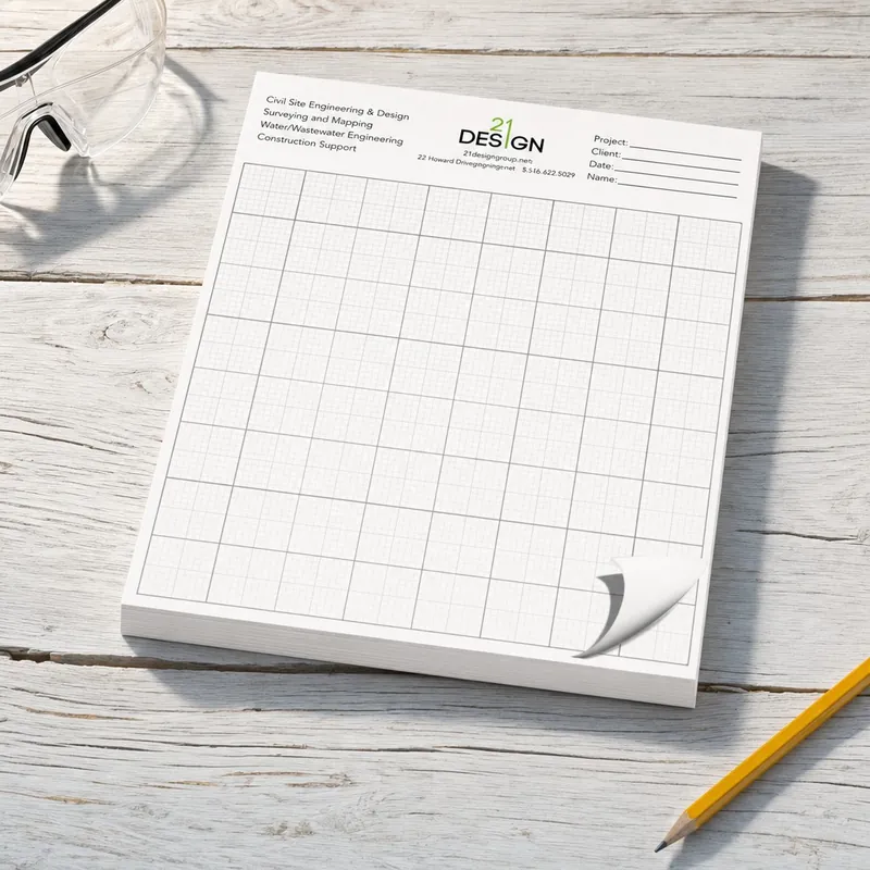 Custom 21 Design engineering grid paper pad with a printed logo header and quarter-inch grid, on light wood beside a yellow pencil and safety glasses.
