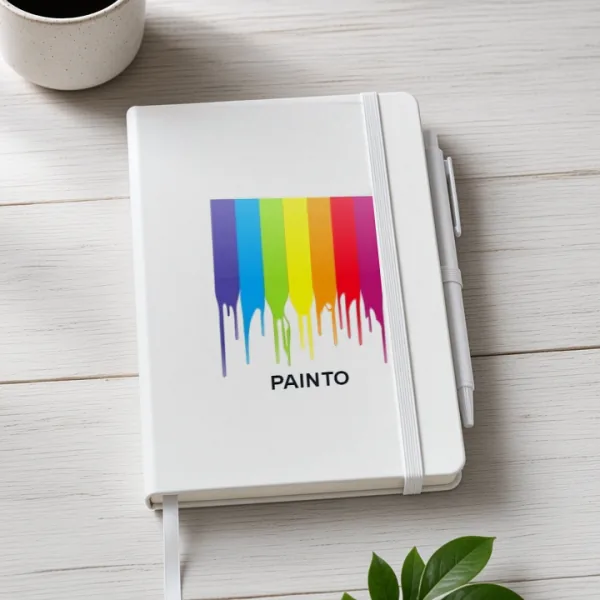 White hardcover journal with a rainbow paint-drip PAINTO logo, elastic band and white pen, beside a coffee cup and leaves.