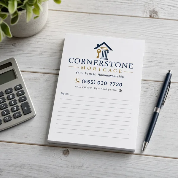 Custom notepad for Cornerstone Mortgage with a lined notes area, next to a calculator, pen and potted plant.