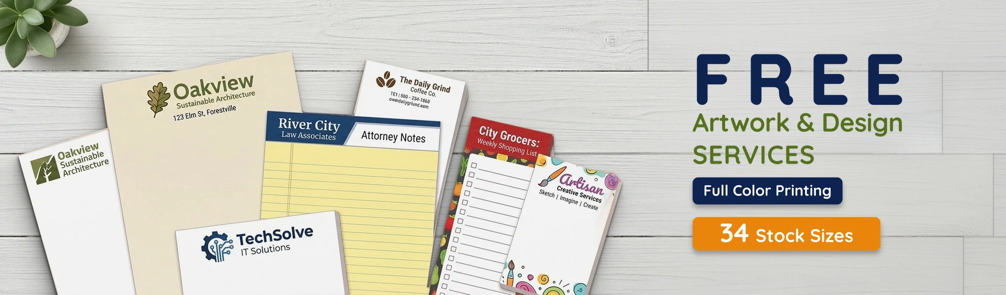 Custom notepads, legal pads and shopping list pads with free artwork and design, full color printing and 34 stock sizes