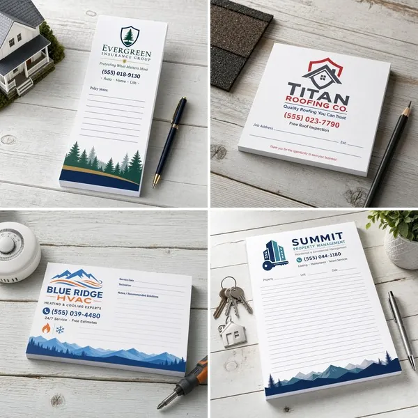 Four custom notepads in different sizes for insurance, roofing, HVAC and property management businesses.
