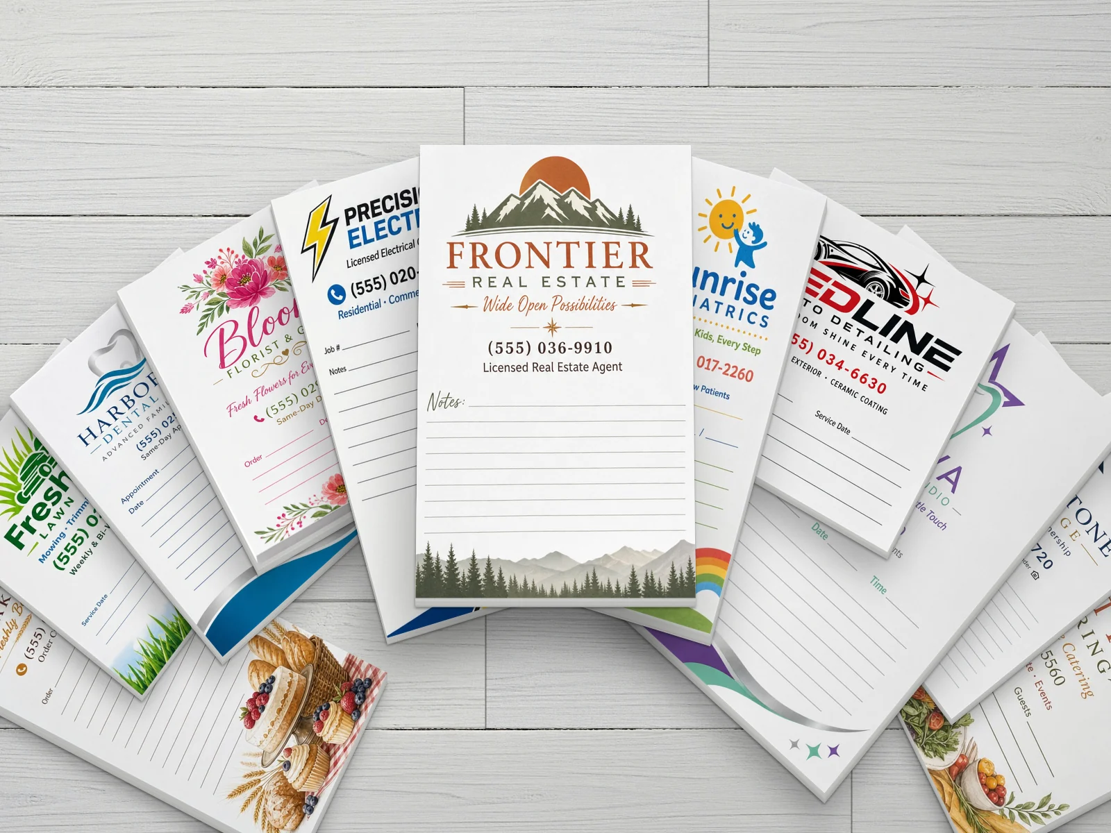Eleven custom printed notepads by Captain Notepad fanned out on whitewashed wood, led by a Frontier Real Estate pad, with designs for a florist, bakery, caterer, lawn care, dental offices, a pediatric clinic, an electrician, an auto detailer and a mortgage lender.