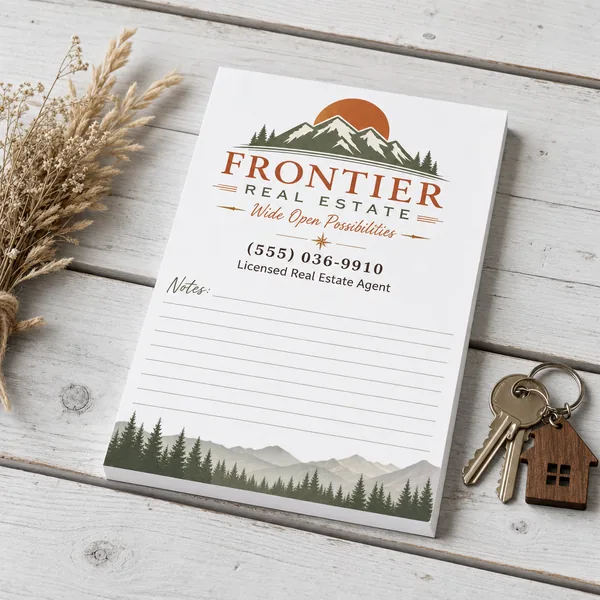 Custom Frontier Real Estate notepad with a mountain logo and lined notes, beside house keys and dried grasses.