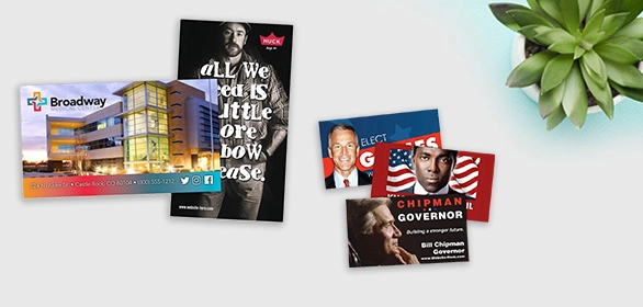 Brochure with modern building, magazine with bearded man, and political campaign cards with portraits and American flags.