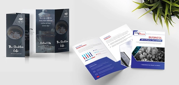 Tri-fold cafe brochure in dark blue beside a business brochure template with city imagery and a green plant.