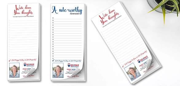 Three vertical notepads with cursive script headings and real estate agent photo and contact details at bottom.