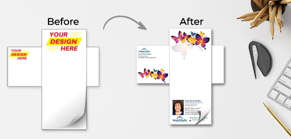 Before and after comparison showing blank notepad template transformed into custom design with butterflies and agent photo.
