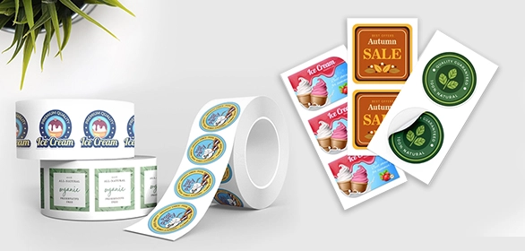 Rolls of circular product stickers and sheets of square and round labels with ice cream and autumn designs.