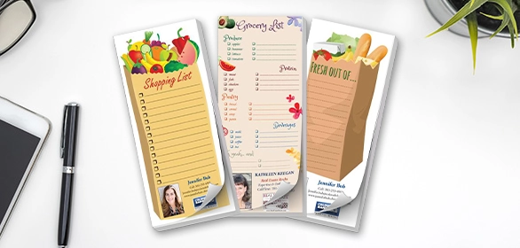 Three vertical notepads designed as shopping list, grocery list, and grocery bag with realtor contact info at bottom.