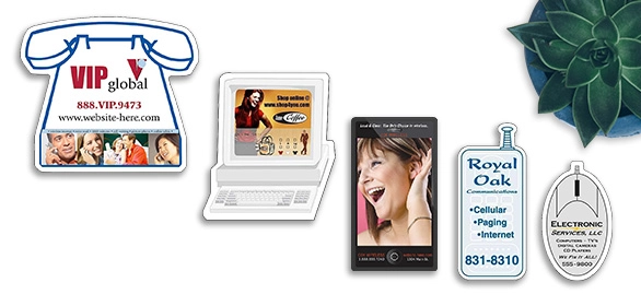 Die-cut magnets shaped like a telephone, laptop computer, cell phone, and pager with various business branding.