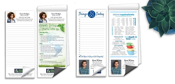 Four vertical real estate notepads with agent photos, contact info, and to-do list designs on white background.