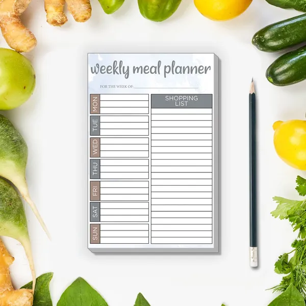 Custom Weekly Meal Planner Notepad, 5 1/2" x 8 1/2" Weekly Meal Planner Notepad 5.5x8.5 Gray White Custom Organizer