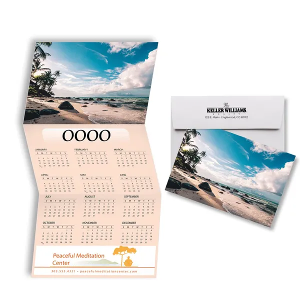 Z-Fold Calendar Card-Beach Z-Fold Calendar Card with beach scene, beige and blue promotional notepad design