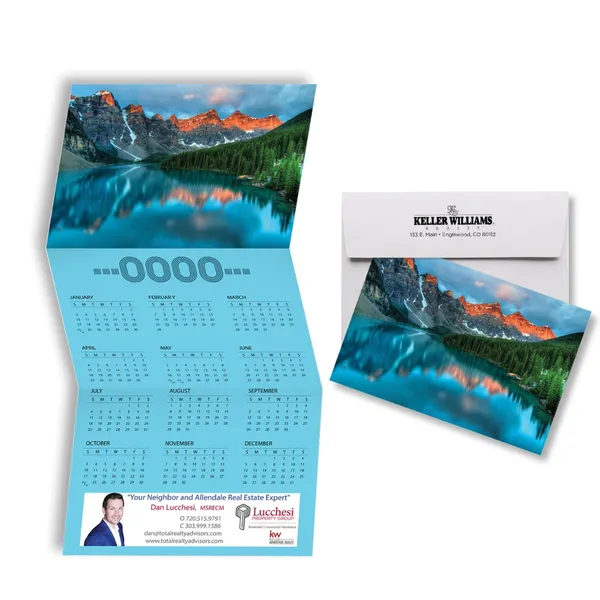 Z-Fold Calendar Card with mountain lake scene, blue promotional notepad