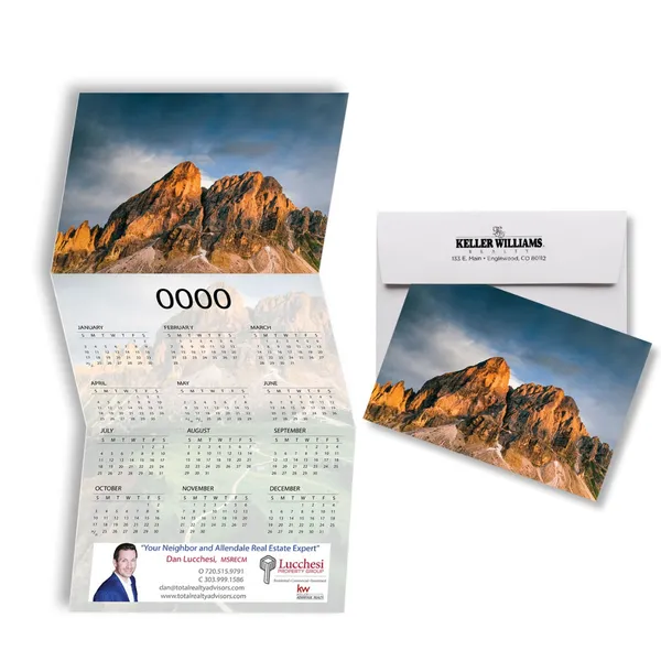 Z-Fold Calendar Card-Peak Z-Fold Calendar Card featuring mountain peak imagery with blue and gold tones, custom promotional notepad