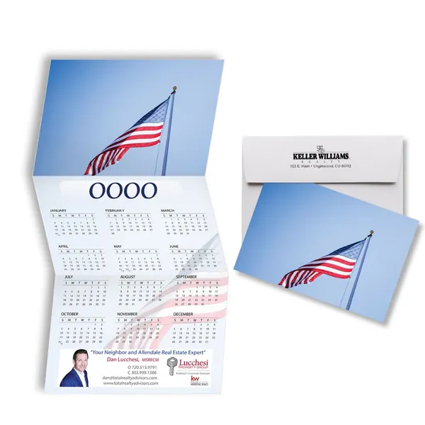 Z-Fold Calendar Card with American flag design, blue and white promotional notepad