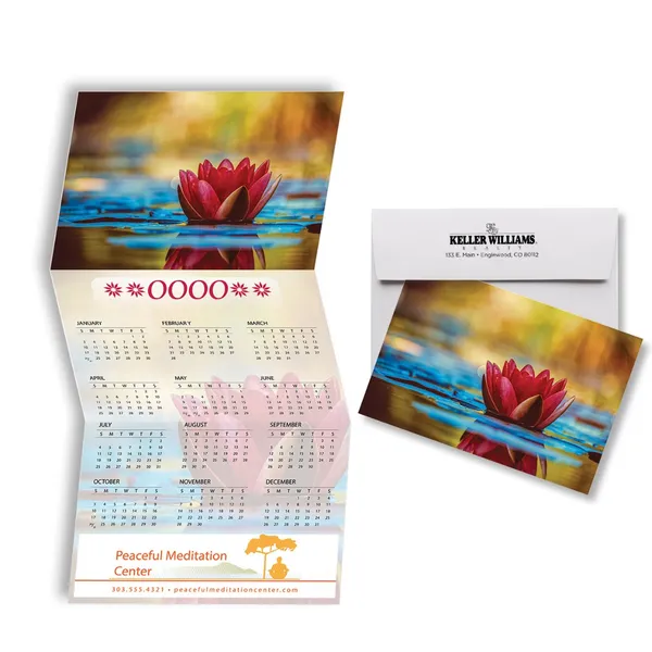Z-Fold Calendar Card with red waterlily photo, golden and blue tones, custom promotional notepad