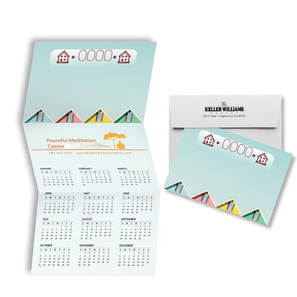 Z-Fold Calendar Card with colorful gable roof houses on light blue promotional notepad