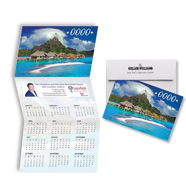 Z-Fold Calendar Card with tropical beach scene, blue water, custom promotional notepad design