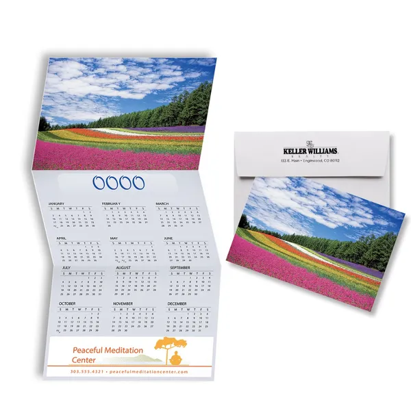Z-Fold Calendar Card with colorful flower field design, custom notepad promotional product.