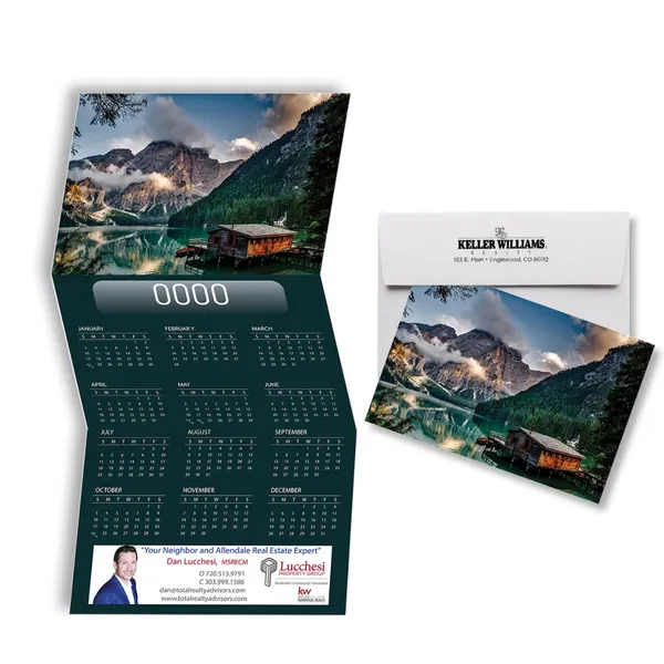 Z-Fold Calendar Card with mountain lake cabin scene, green custom notepad