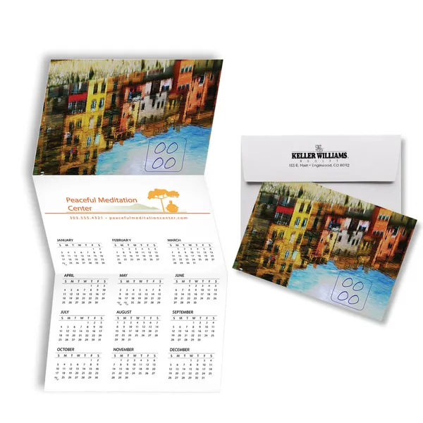 Z-Fold Calendar Card with colorful waterfront architecture photo and custom notepad design
