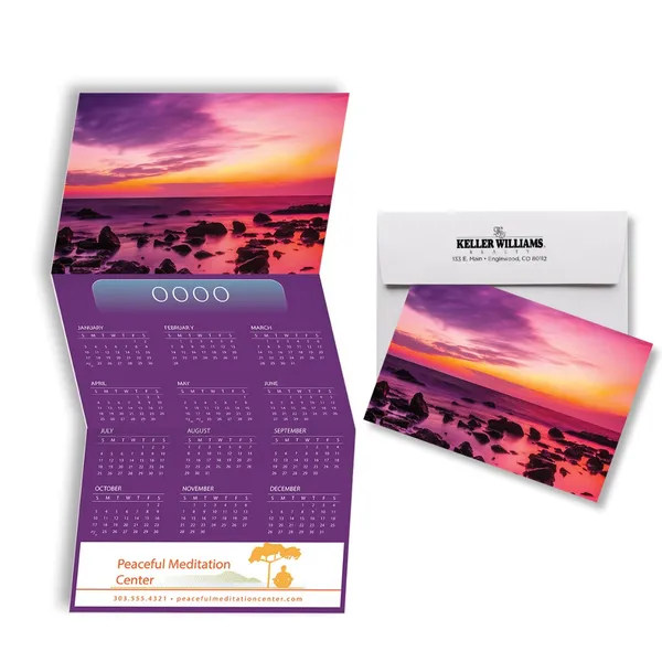 Z-Fold Calendar Card-Sunrise Z-Fold Calendar Card with purple gradient and sunrise photo, custom promotional notepad design