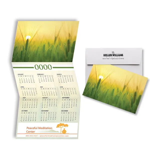Z-Fold Calendar Card with wheat field imagery in yellow and green tones, custom promotional notepad