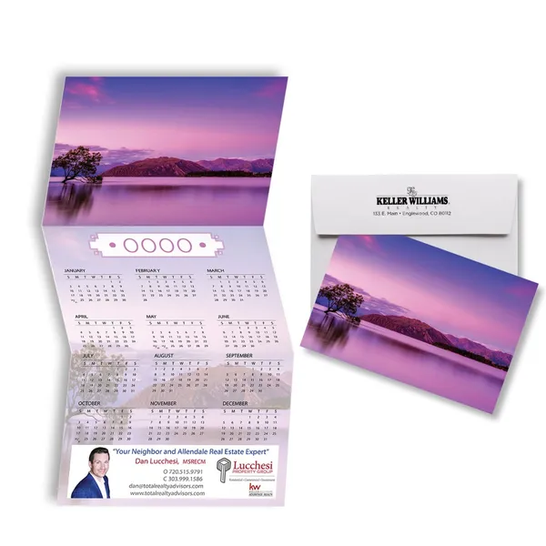 Z-Fold Calendar Card purple lake custom notepad with scenic landscape design
