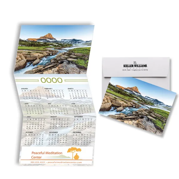 Z-Fold Calendar Card featuring mountain river landscape photography in blue and green tones, custom notepad