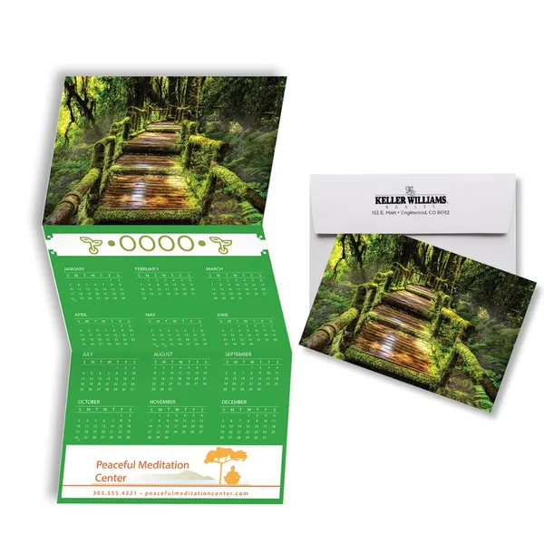 Z-Fold Calendar Card with moss bridge image, green promotional notepad design