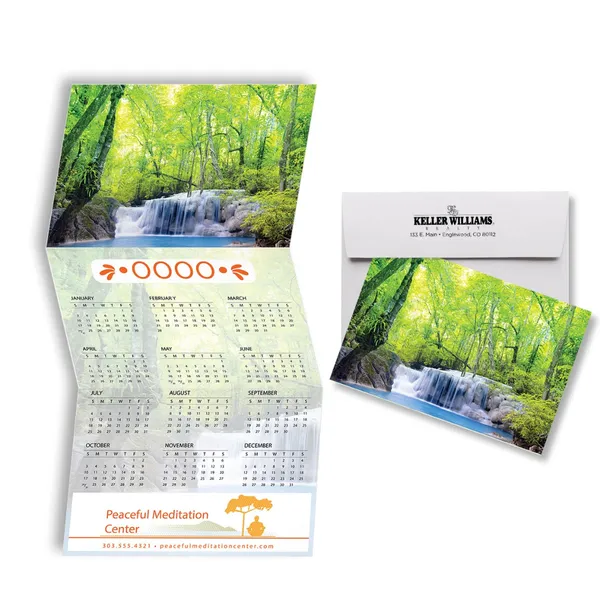 Z-Fold Calendar Card with forest waterfall imagery, green and blue tones, custom notepad