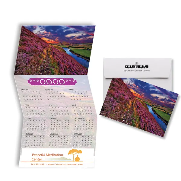 Z-Fold Calendar Card - Purple Mountainside Z-Fold Calendar Card with purple mountainside landscape photo and custom notepad design