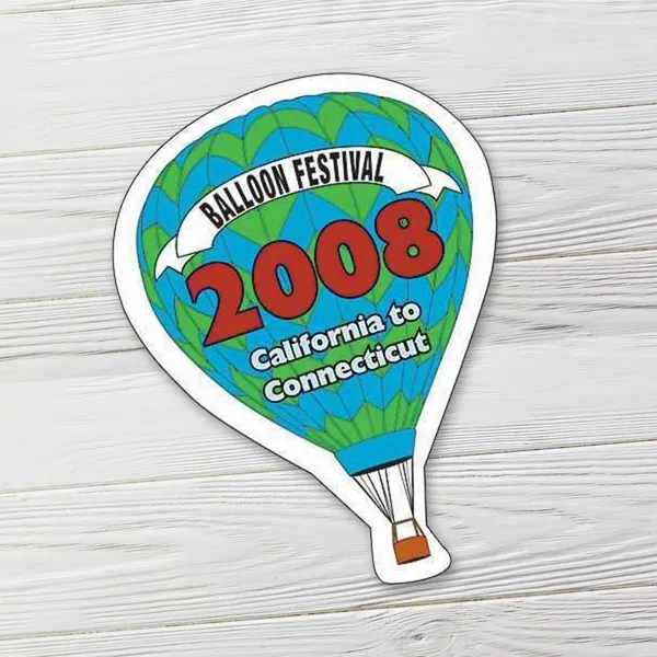 Balloon-shaped magnet 2.63"x3.5" with blue and green design, promotional product
