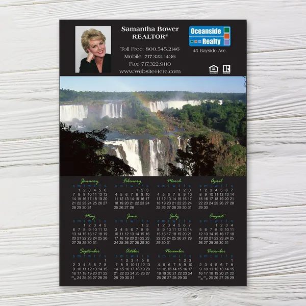Custom promotional calendar magnet, 10.5x7.375, black and white design with scenic photo.