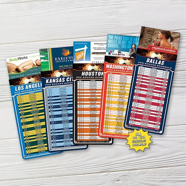 Magna-Card Business Card Magnet - Soccer Schedules 3.5x9 promotional product with colorful team schedule designs