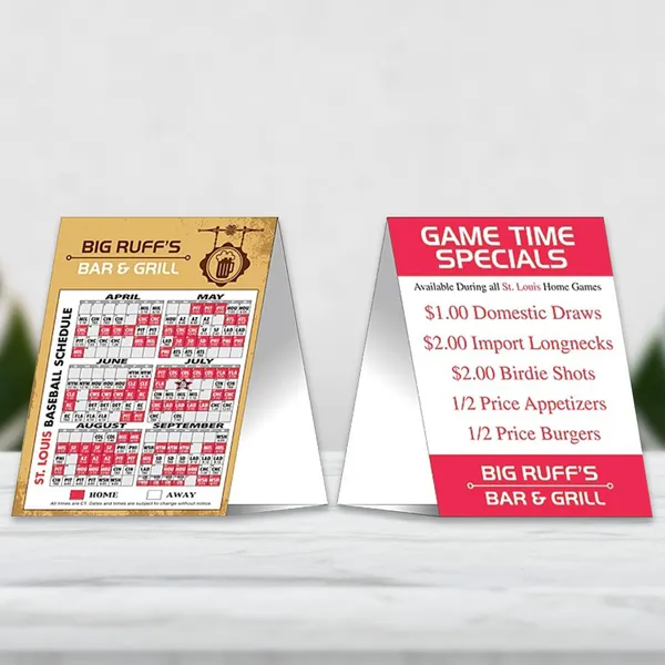 Baseball schedule table tent notepad, tan and red folded promotional product, 5x6.875 inches