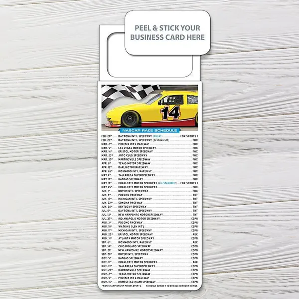 NASCAR racing schedule custom notepad with yellow race car, 3.5x9 promotional notepad