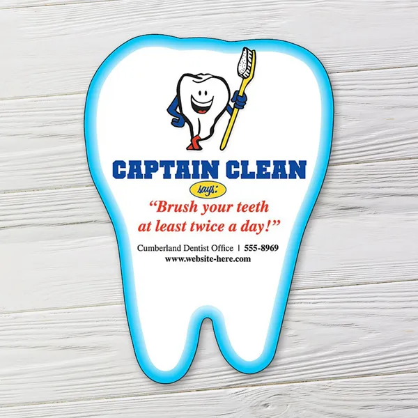 Tooth-shaped magnet 2.5x3.5 blue white promotional product dental office marketing