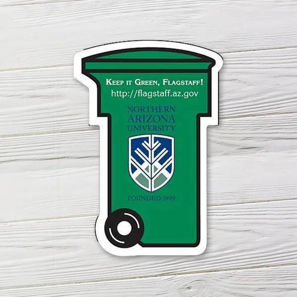 Green trash can shaped magnet promotional product, 2.4375"x3.5" with white and black accents