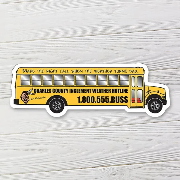 Yellow school bus shaped magnet, 5.25"x1.75", promotional product with white trim