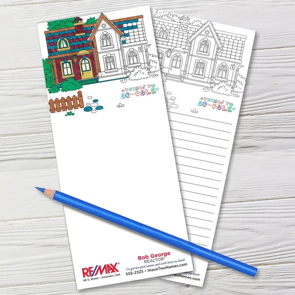 Things To-Doodle Coloring Pads 3.5x8 custom notepad with house design and blue pencil