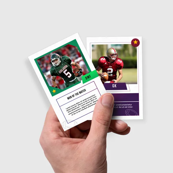 Premium linen trading cards in green, red, and purple with white borders and gold stars