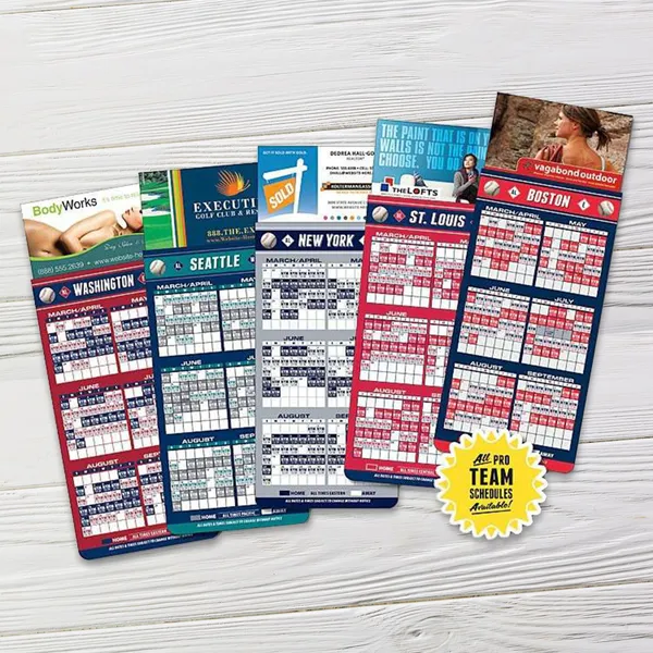 Baseball schedule magnets 3.5x9 custom promotional cards in red, white, and navy
