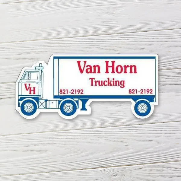 Semi truck shaped magnet, 4.125"x1.875", blue and red promotional product design