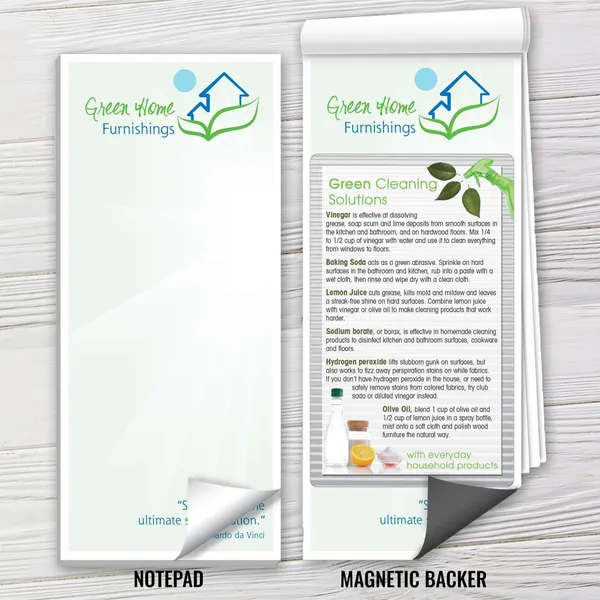Custom magnetic notepad with green and blue eco-friendly design, includes cleaning tips, promotional product template