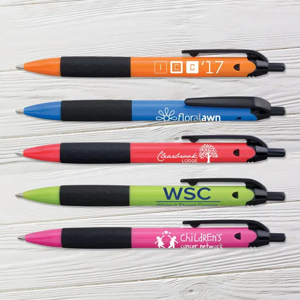 Colorful promotional ballpoint pens with black grip, assorted colors including orange, blue, red, lime green and pink.