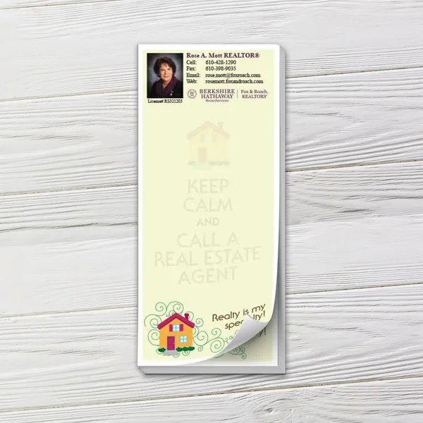 Custom notepad, keep calm design, cream yellow background, decorative house graphic.