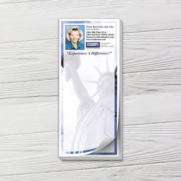 Custom notepad with blue and white Lady Liberty design, promotional marketing pad